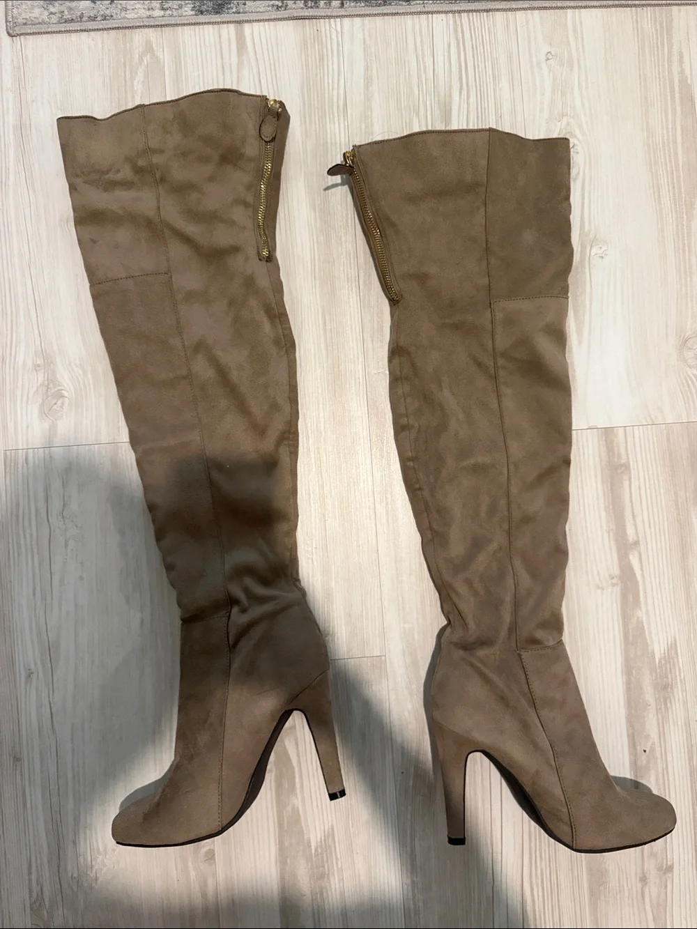 Qupid Taupe Over-the-Knee Suede Heeled Boots